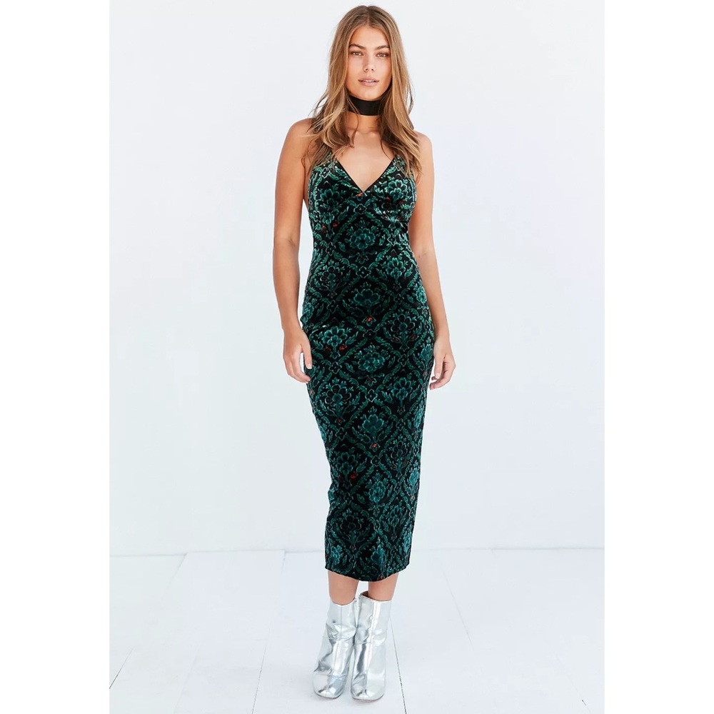 UO ECOTE Ecote Bellatrix Floral Green Velvet Bodycon Midi Dress XS